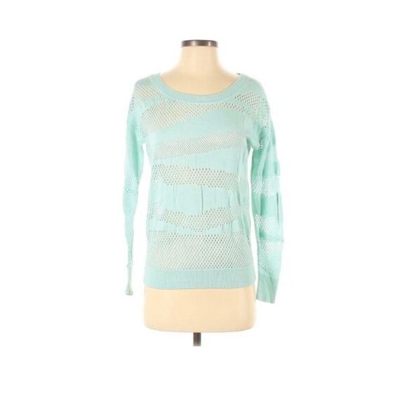 Vince Camuto Mint Green Open Knit Striped Sweater Women's XS Pullover Rayon - Picture 2 of 7